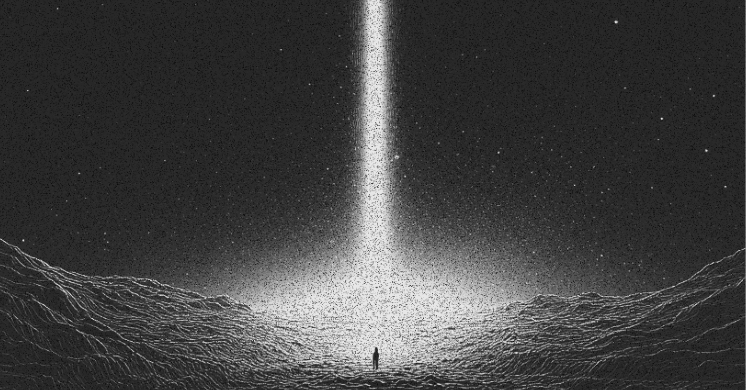 A small figure standing under a vertical beam of light in a dark landscape.