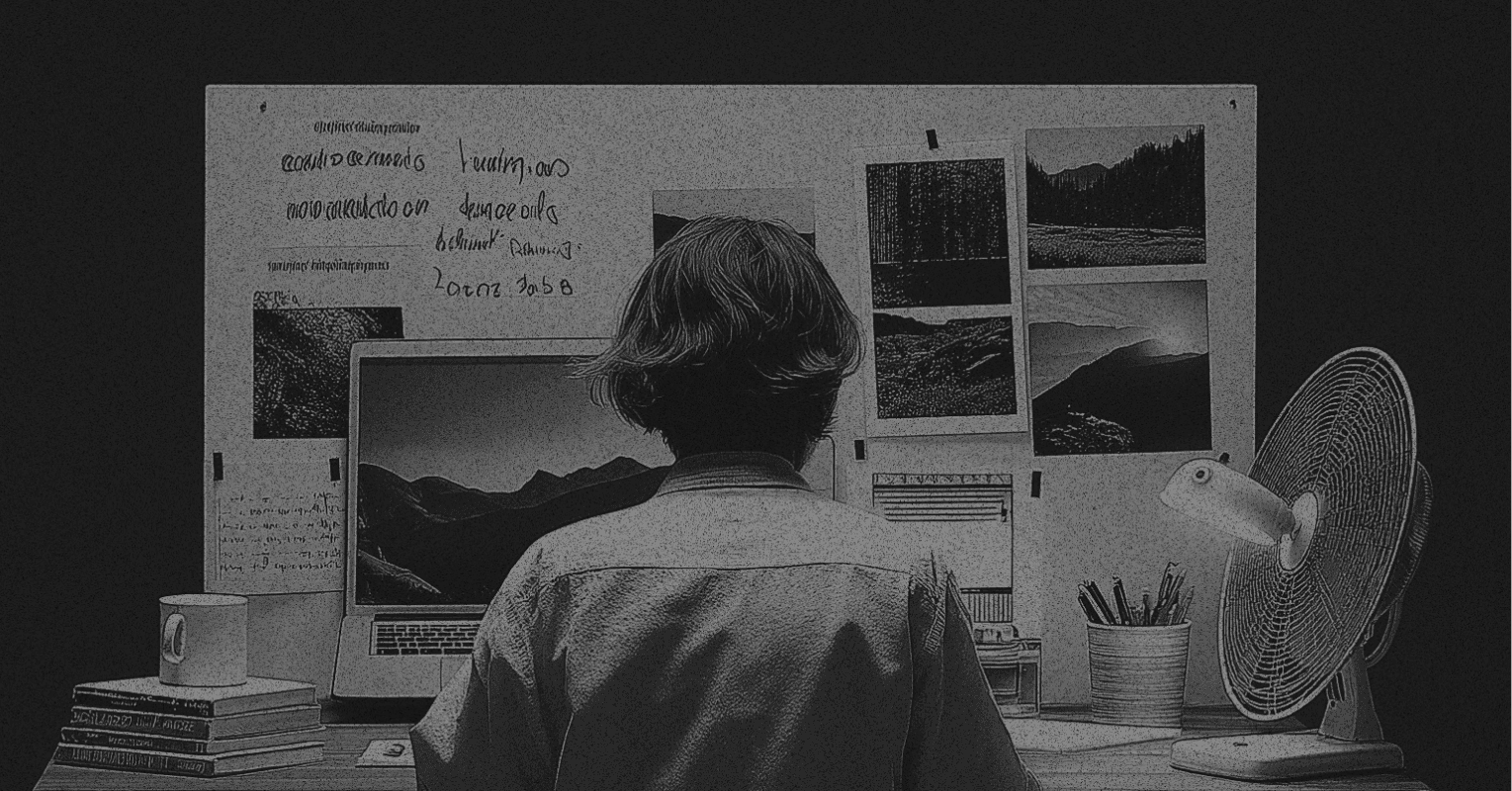A person sitting at a desk facing a research board and landscape images.